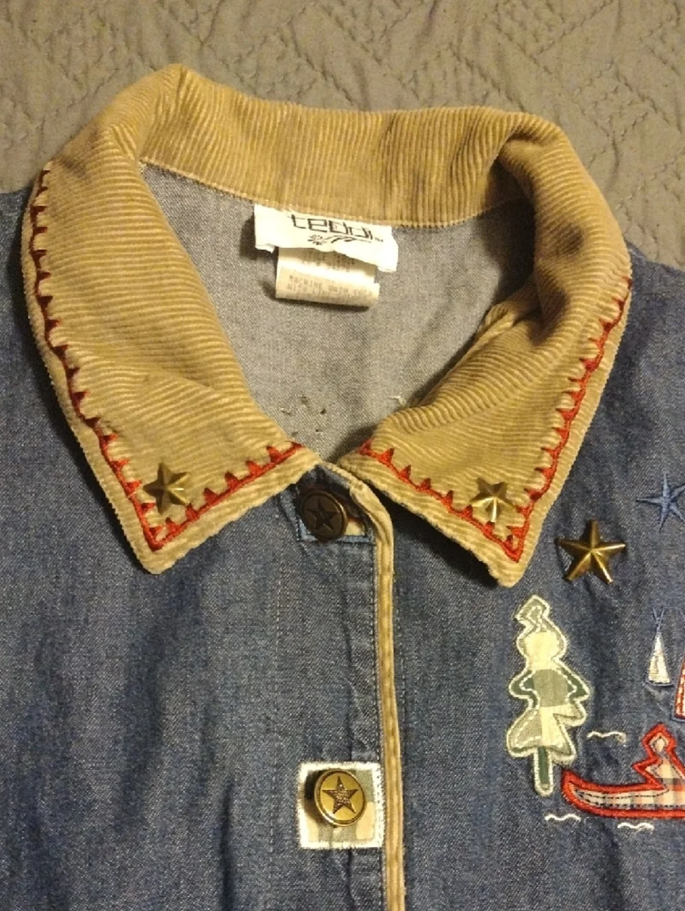 Vintage Teddi Blue Denim Jacket with Tan Corduroy Collar and Red Stitching - Picture 3 of 14